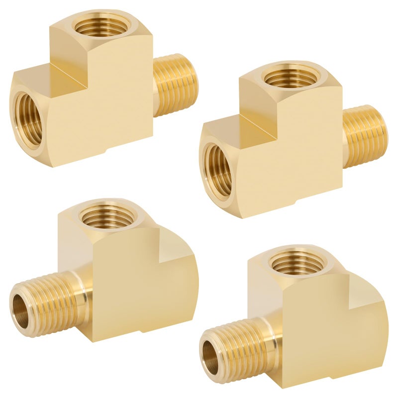 KOOTANS 4 Pack Brass Tee Fittings 1/4" NPT Female to 1/4" NPT Female to 1/4" NPT Male Barstock Street Tee Fittings 3 Way Brass Pipe Fitting - Image 1